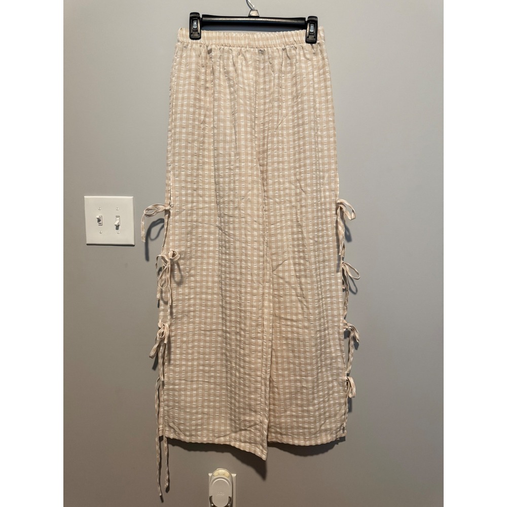 Tan White Gingham Wide Leg Pants Side Tie Bows Elastic Waist Medium
